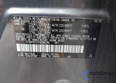 2015 Toyota Rav4 Le z USA, uszkodzony, nr VIN 2T3BFREV1FW338298